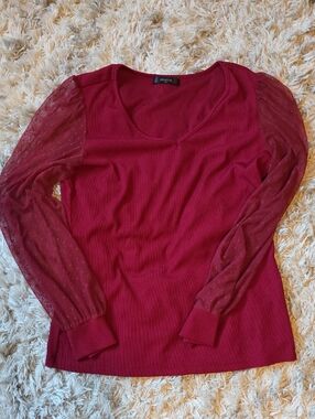 Zessica Women's Burgundy Puff-Sleeve Ribbed Long Sleeve Top